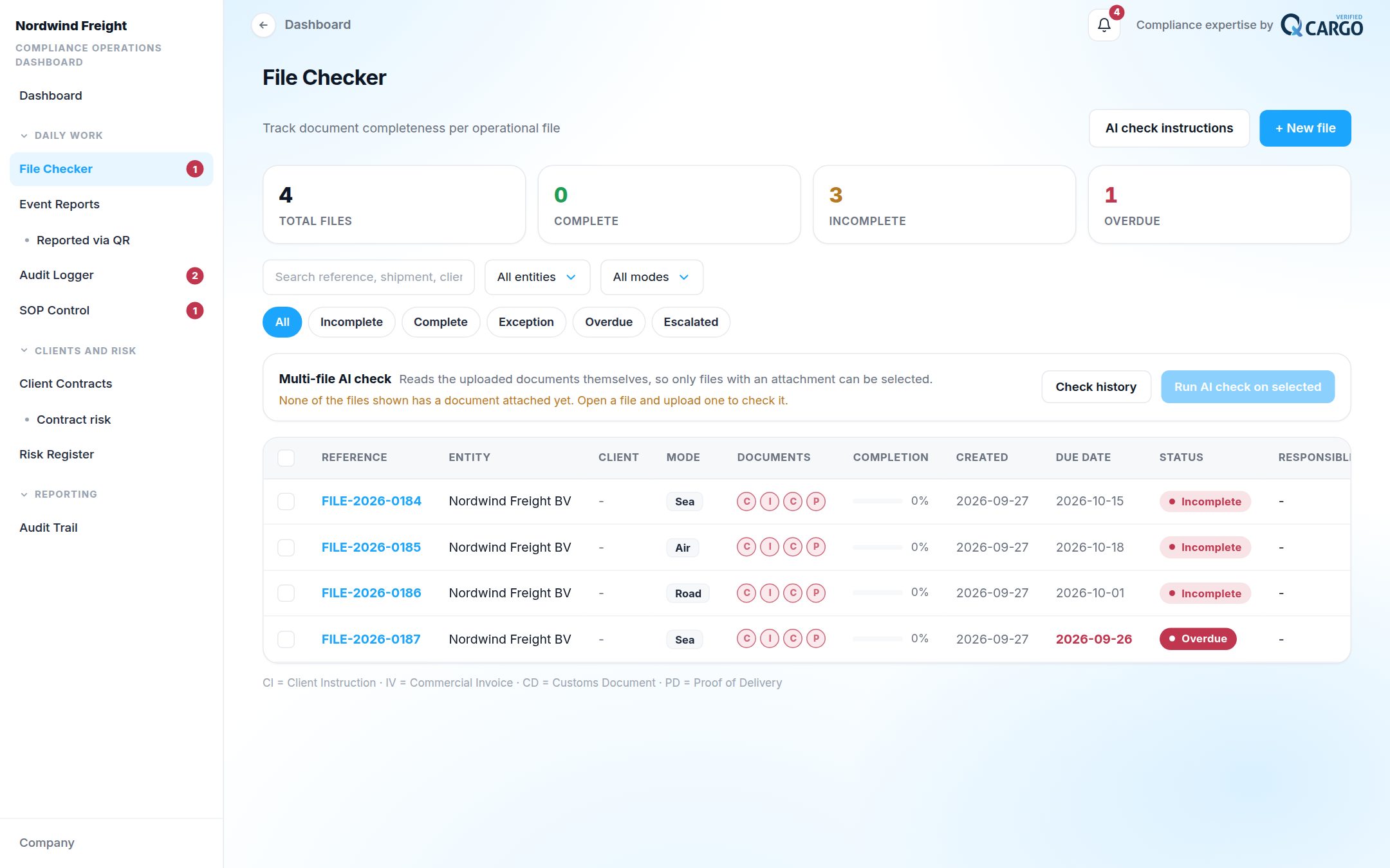 File Checker: Document completeness per shipment file, with an AI check on the documents.