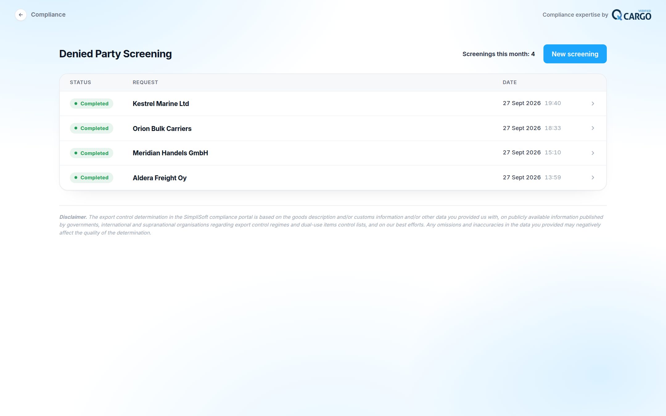 Screenings: Every screening is kept with its status, date and result.