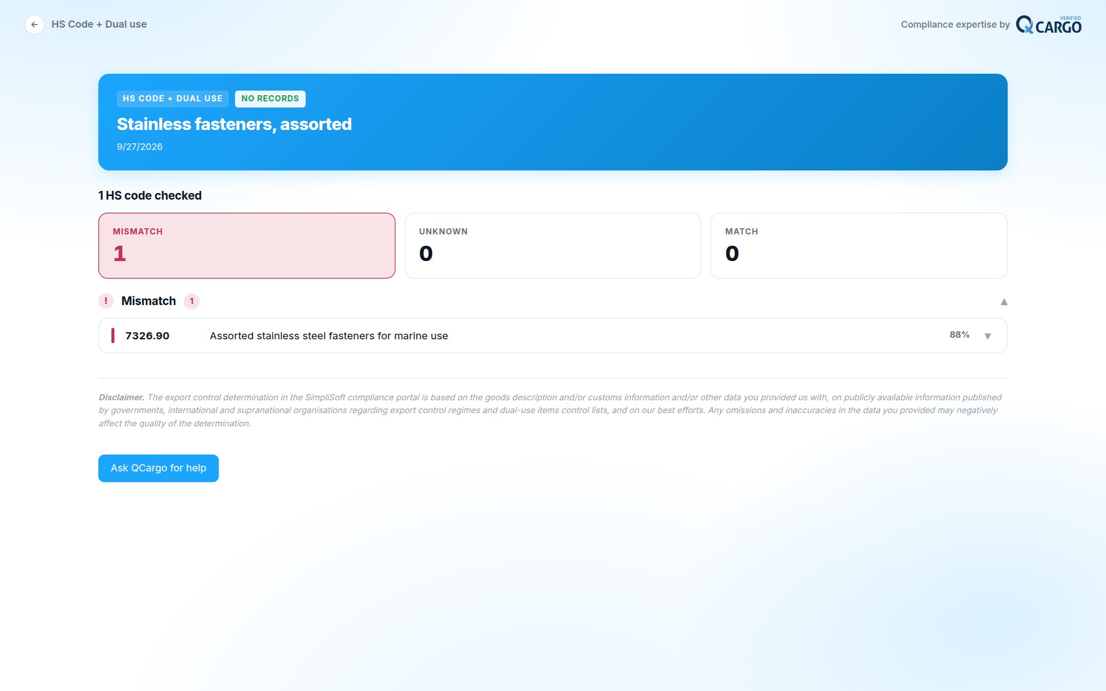 HS code check: Checks whether an HS code fits the goods description and suggests a better one when it does not.
