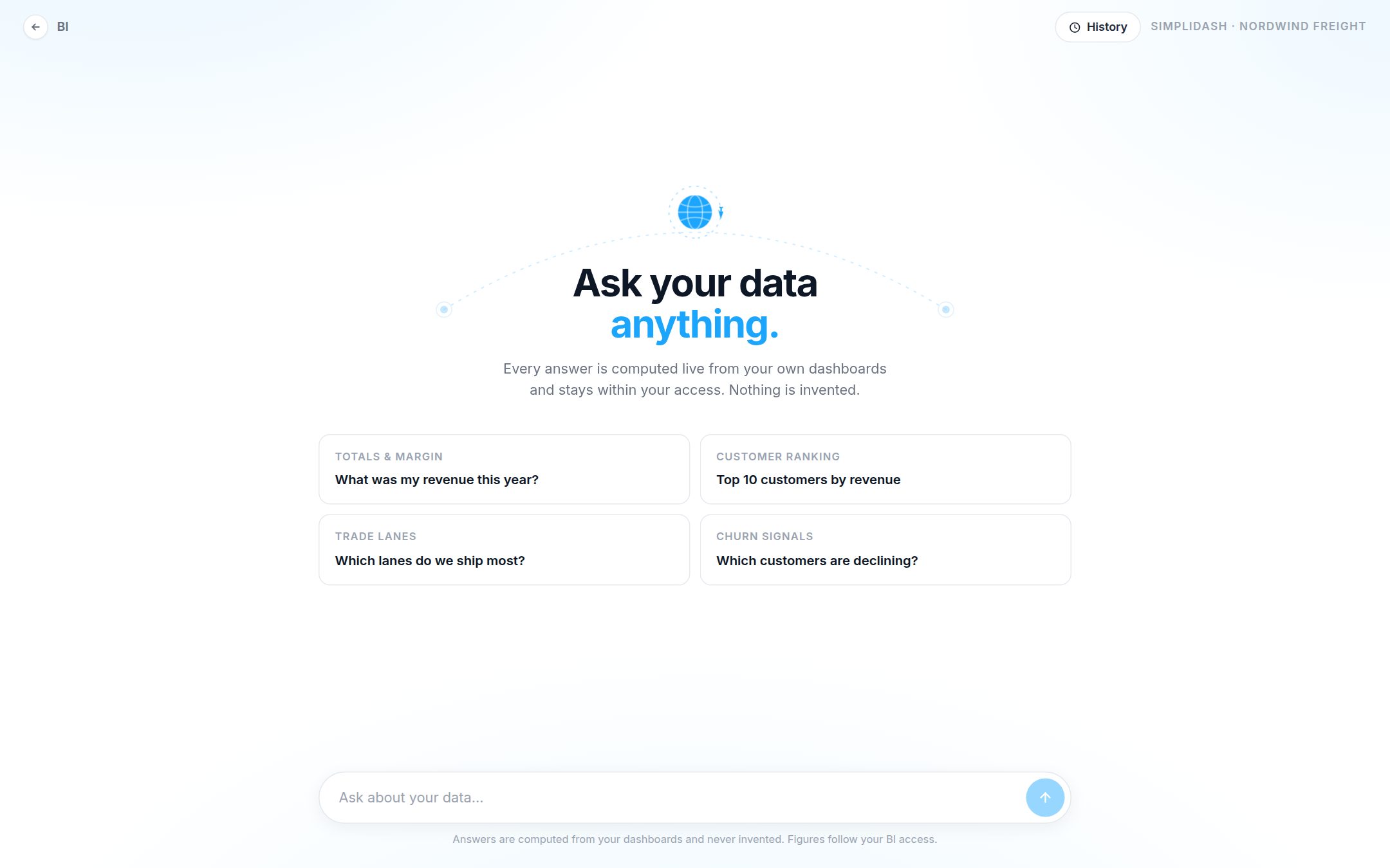 Assistant: Ask a question in plain language and get the answer from the same numbers as the dashboards.