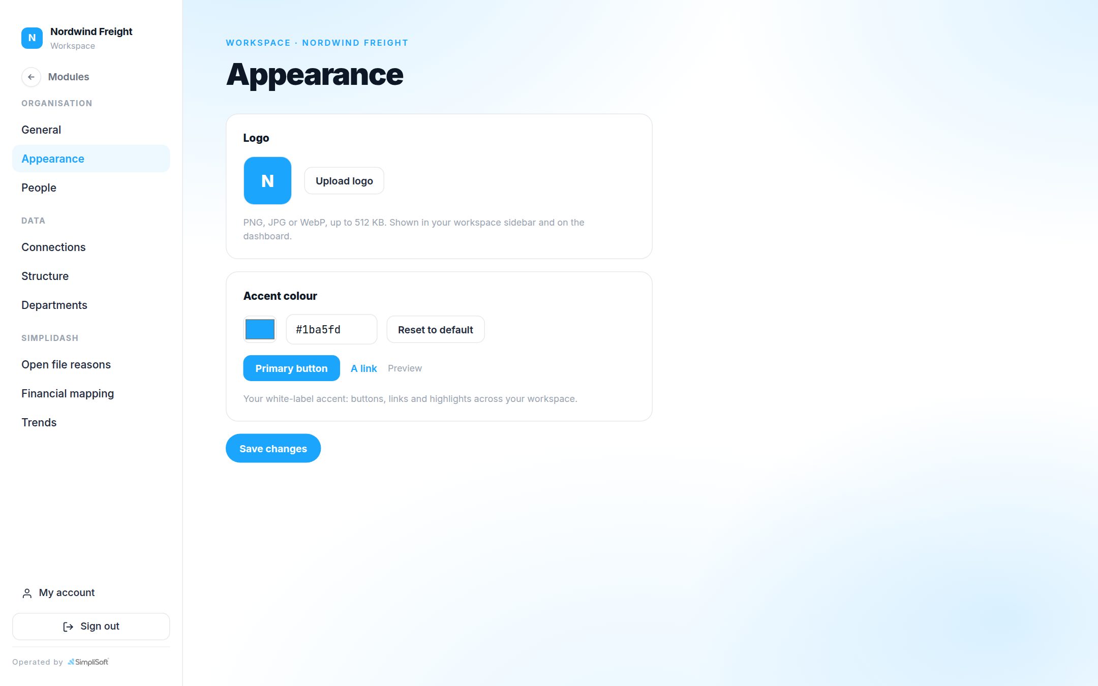 Appearance settings with logo and accent colour