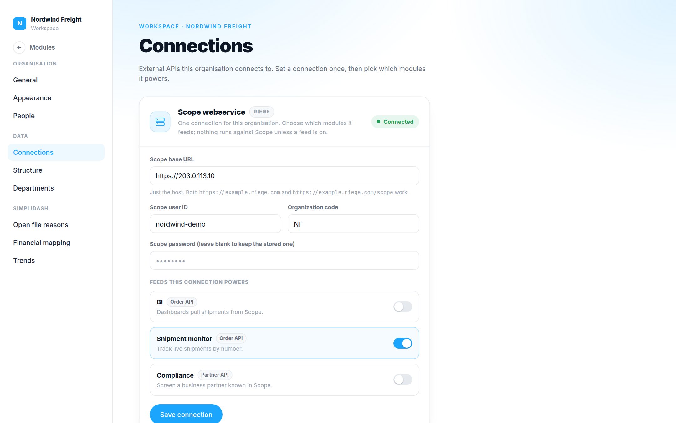 The Scope webservice connection in the Portal settings