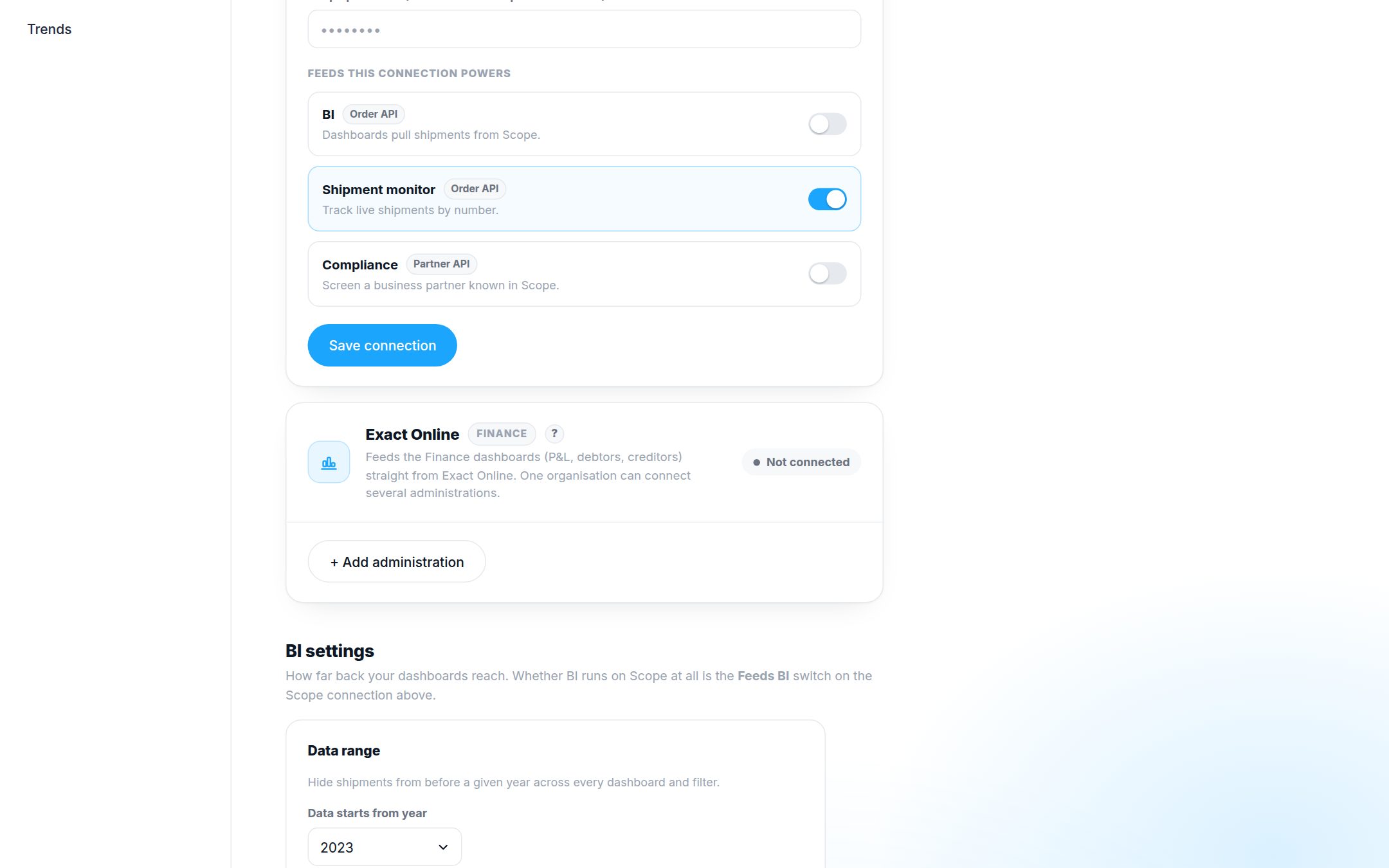 The Exact Online connection card below the Scope feeds in the Portal settings