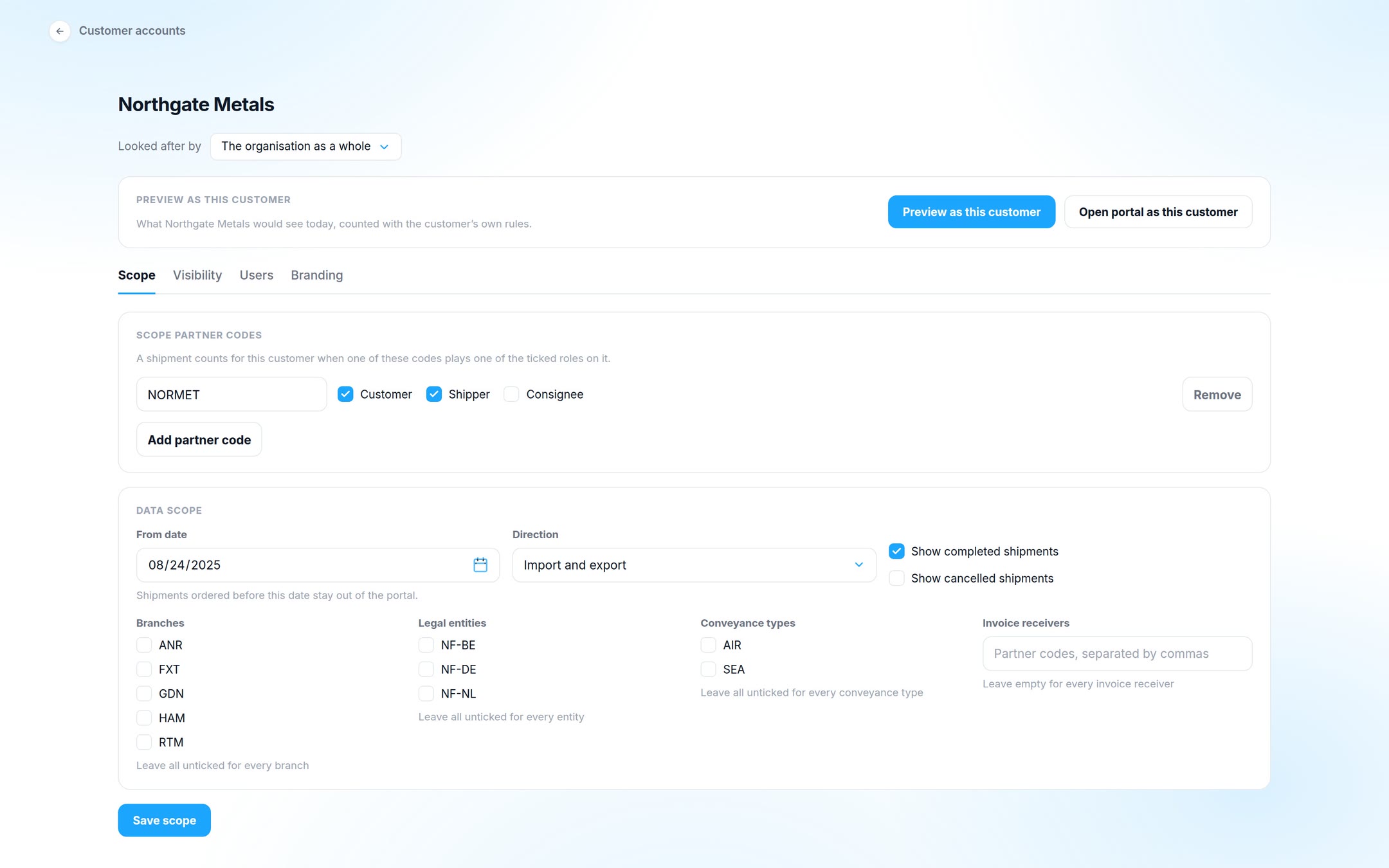 SimpliTrack: a customer account: Per customer, you pick the Scope partner codes and which shipments count.