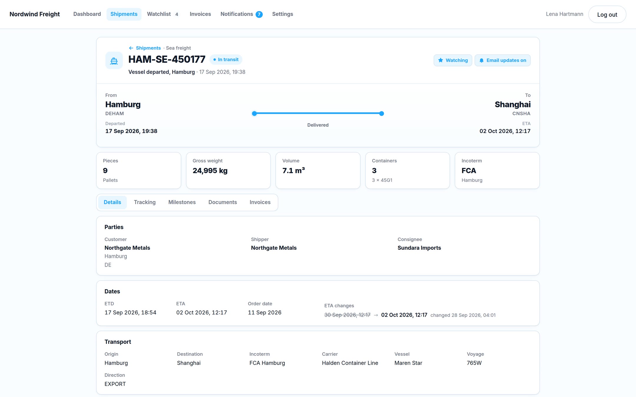 A page per shipment: Route, cargo and dates. A changed ETA shows the old one next to it.