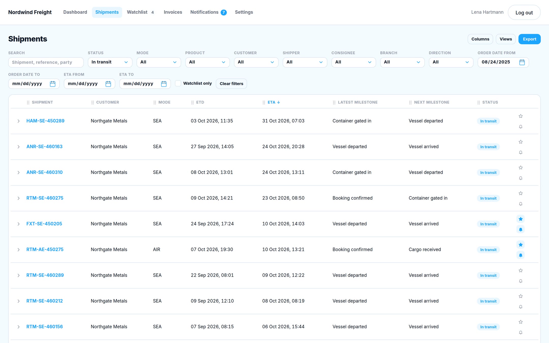 Their shipment list: Only their own shipments, with search, filters, saved views and export.