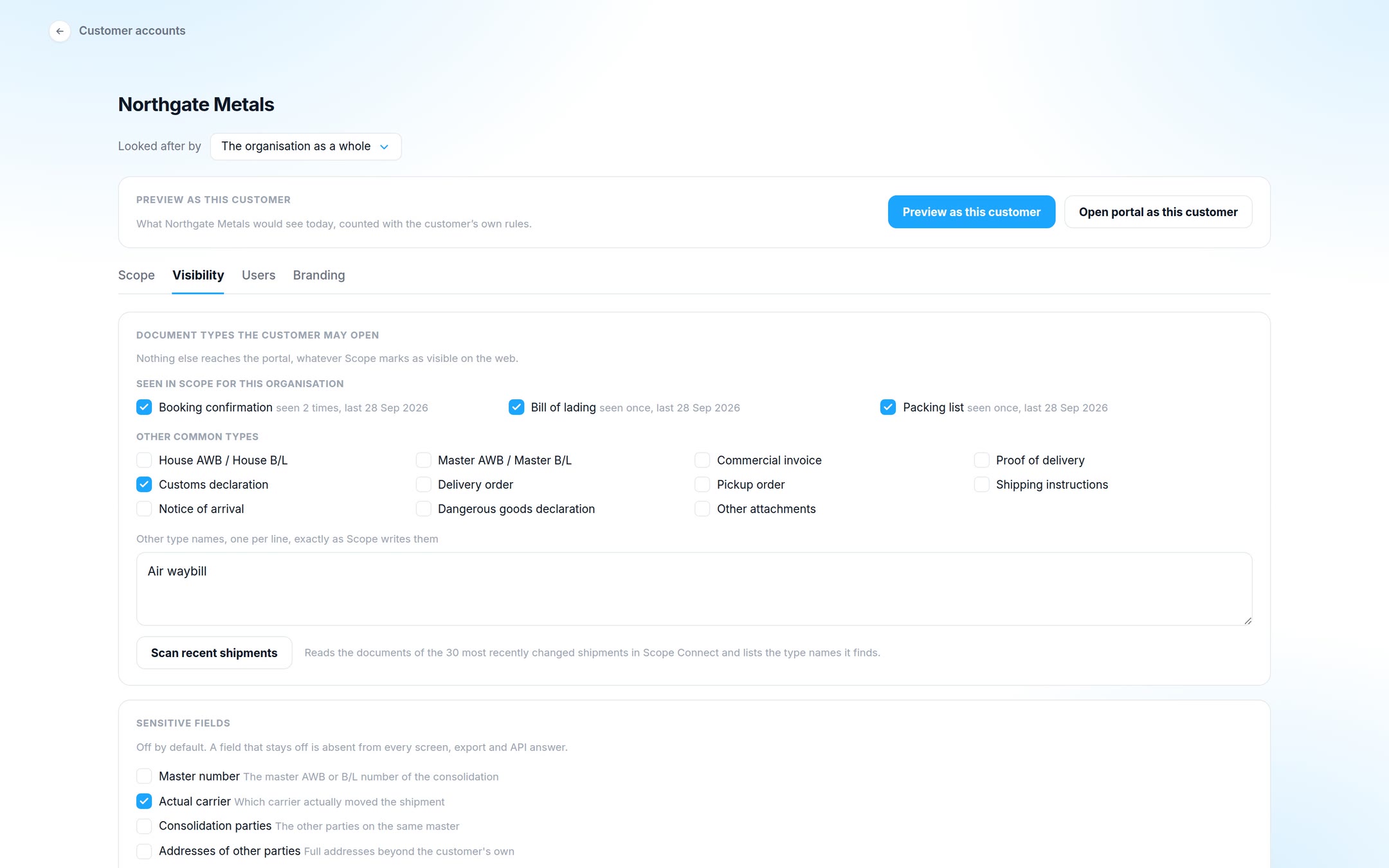SimpliTrack: what they see: Tick the document types and sensitive details this customer may open.